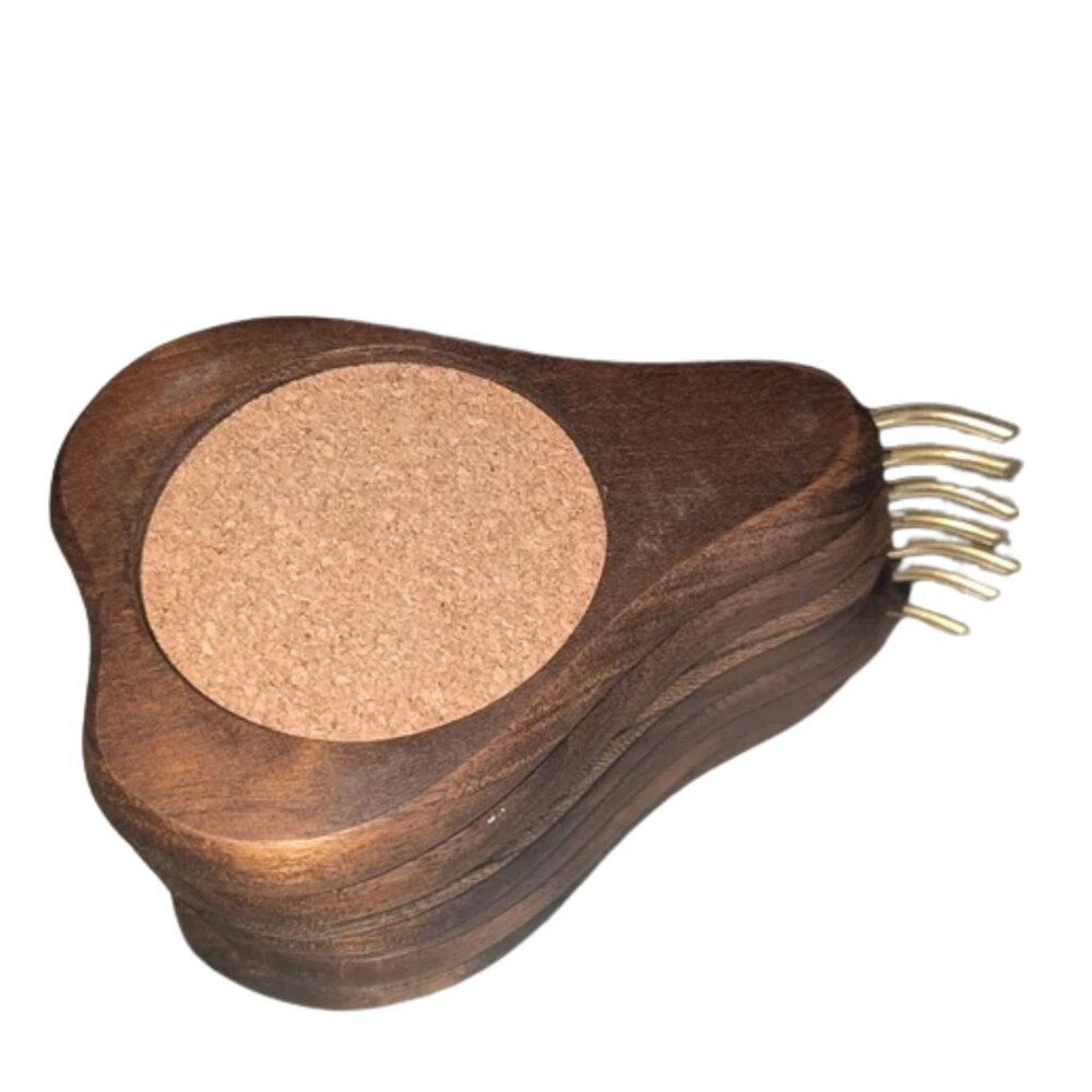 Vintage MCM Handcarved Hardwood Cork Pear Shaped Coasters, Set of 7, 5" x 3.5"